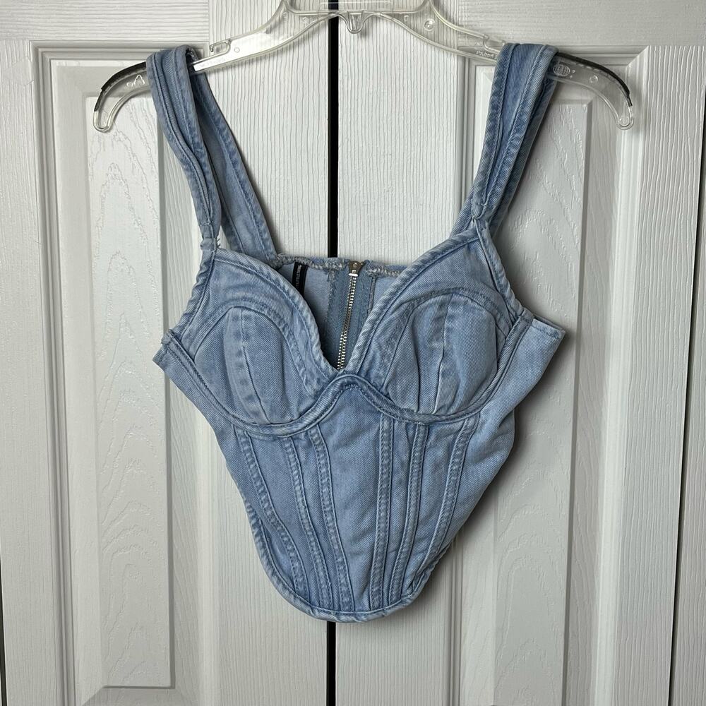 Pretty Little Thing Light Blue Wash Dip Hem Bust Cup Denim Corset 0